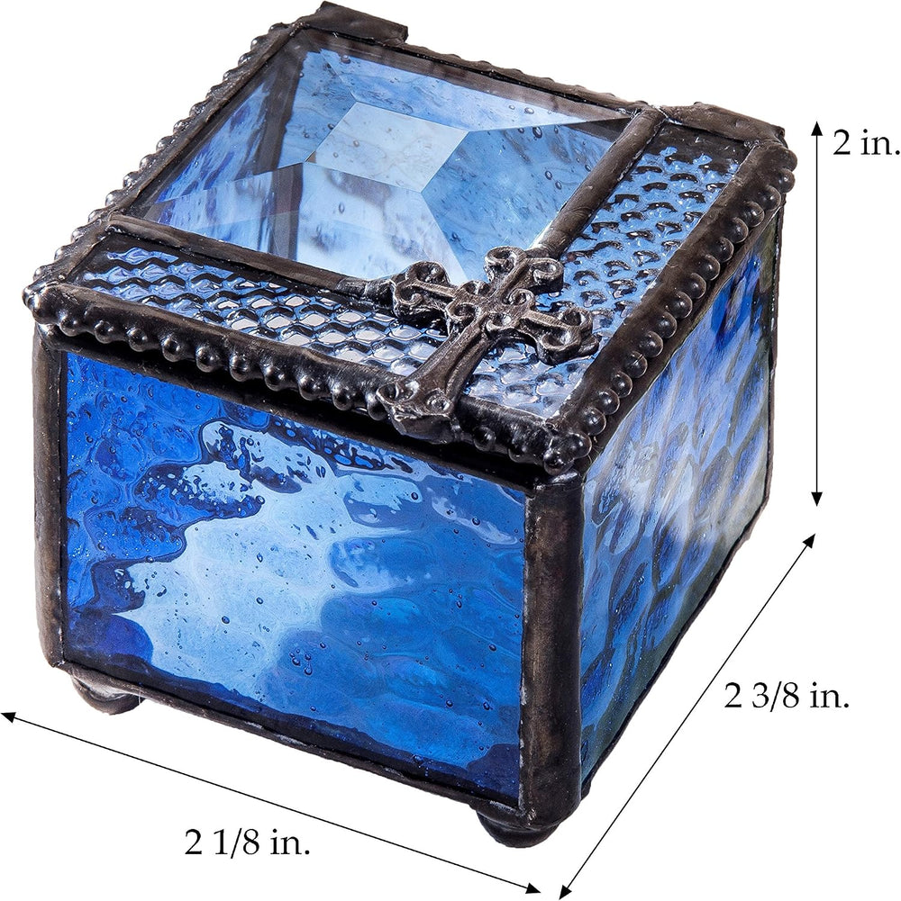 J Devlin Blue Glass Cross Keepsake Box, Rosary and Jewelry Storage
