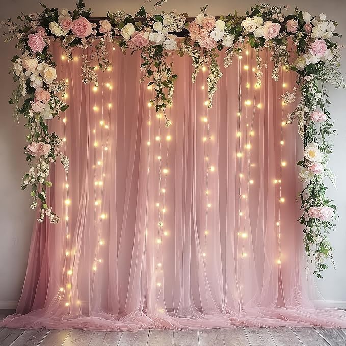 Tulle Backdrop Curtain with Lights String 10FT X 8FT Dusty Rose Sheer Tulle Backdrop Curtains for Wedding Birthday Party Reception Photo Booth Background Decorations (2 Panels 5x8FT)