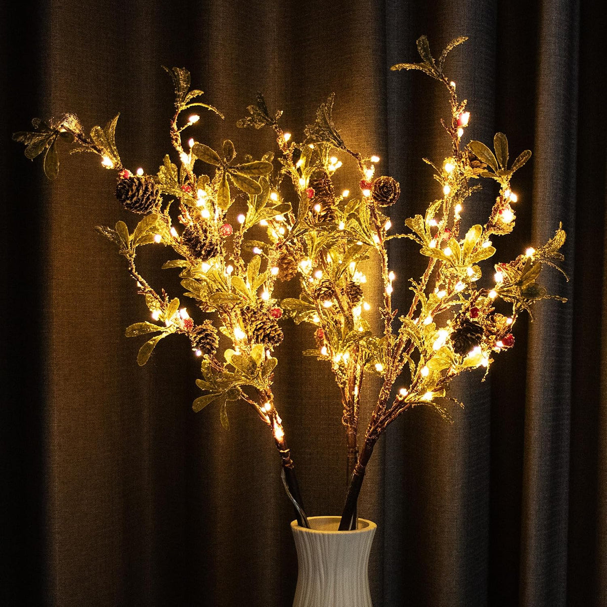 3 PCS Lighted Christmas Evergreen Sprig Branches Tree, Handmade Leaf Design with Snowflake Berries & Pine Cones, 147 Lights in Total, Timer and Battery Operated for Home Vase Indoor Outdoor