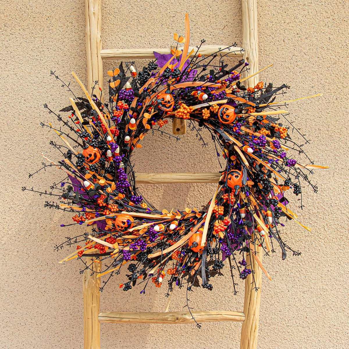j'floru black halloween wreath 22 inch artificial halloween, close-up detail