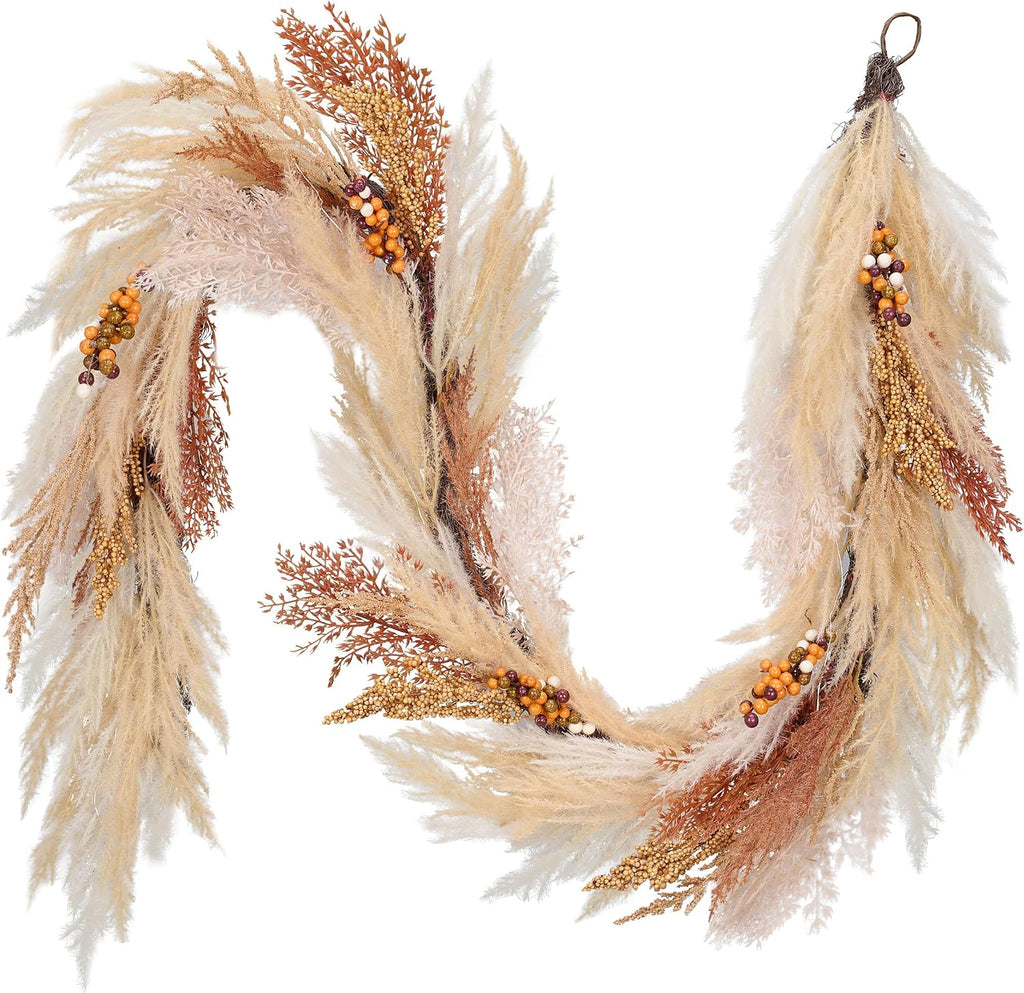 DecorbyHannah 6ft Neutral Fall Pampas Grass Garland for Mantle with Lights