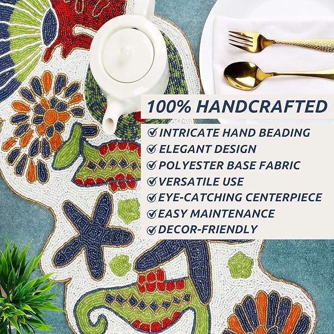 Handmade Beaded Coastal Table Runner -36" Ocean Theme Table Decor with Starfish, Seahorse, Coral, Shells -Nautical Table Centerpiece for Summer, Beach House, or Tropical Décor (Multi) - CLEENTABLE