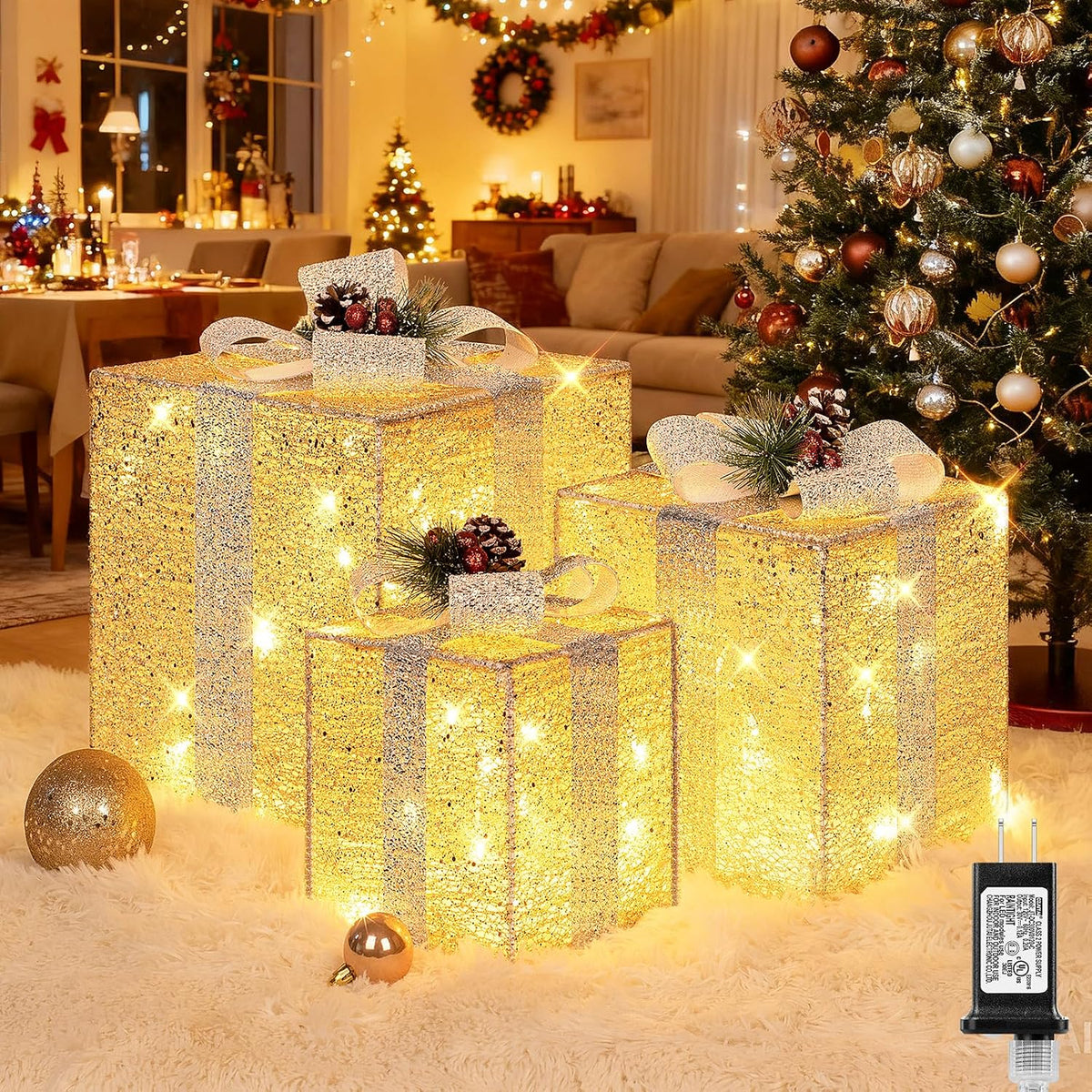 Brightever 10" 8" 6" Set of 3 Christmas Lighted Gift Boxes - Pre-lit 70 LED Plug-in Larger Present Boxes Outdoor Christmas Decorations, Warm White Prelit Xmas Ornaments for Tree Porch Yard Lawn Decor