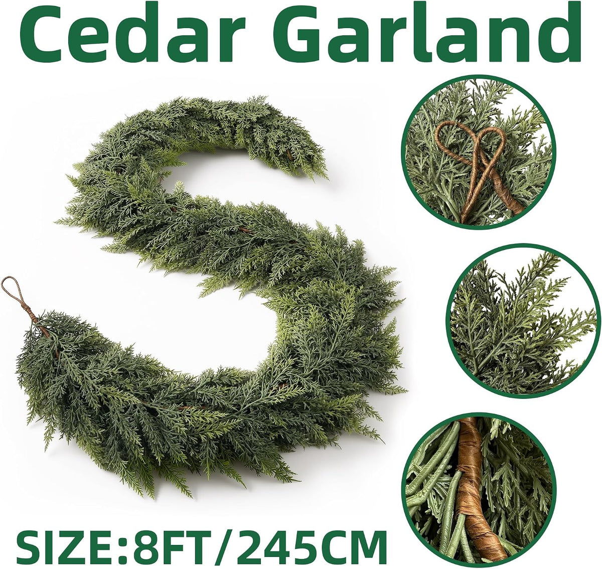 PICKTOP 8 FT Cedar Garland, Realistic High-Density Artificial Cedar Garland for Christmas Decoration. It can be Used to Decorate the Fireplace, Dining Table, and Stair railings.1PCS