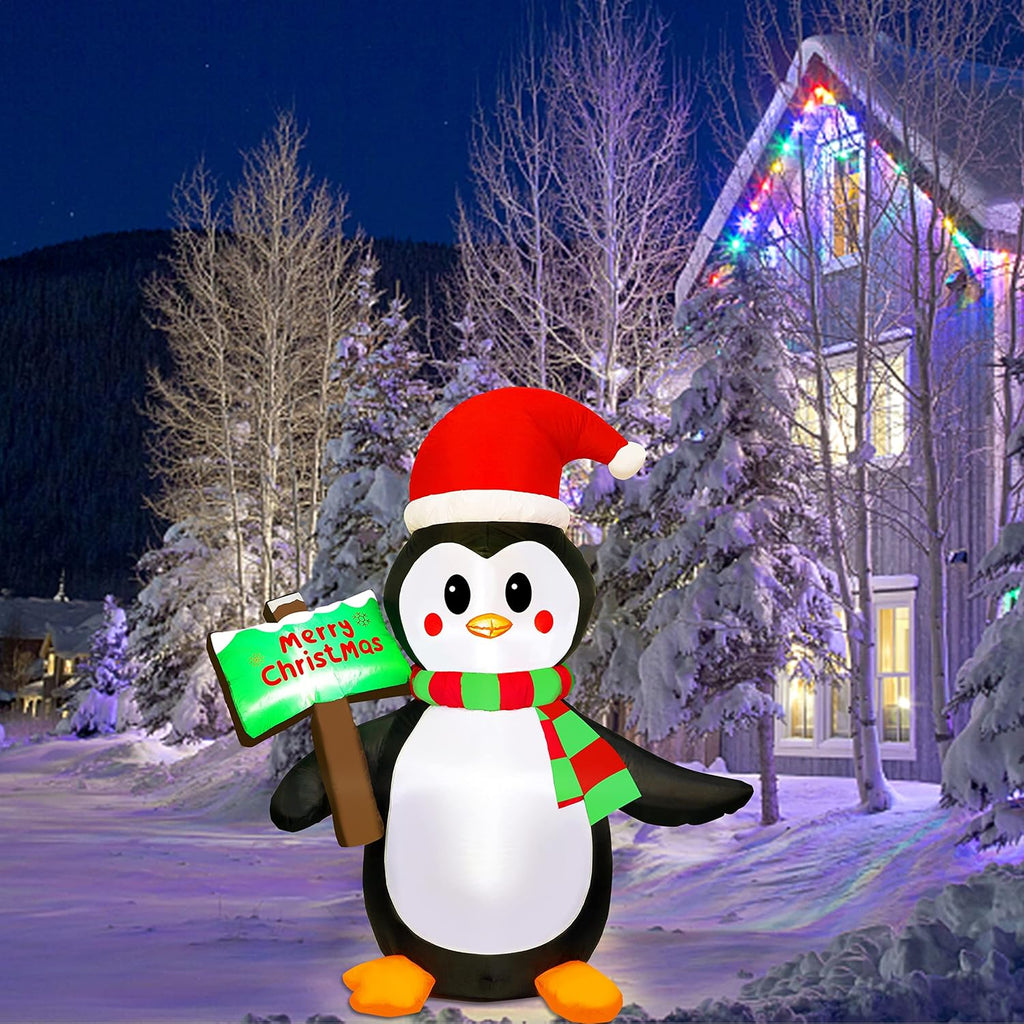 ATDAWN 5ft Christmas Inflatables Blow Up Yard Decorations, Inflatable Penguin Outdoor Decoration with Merry Christmas Sign