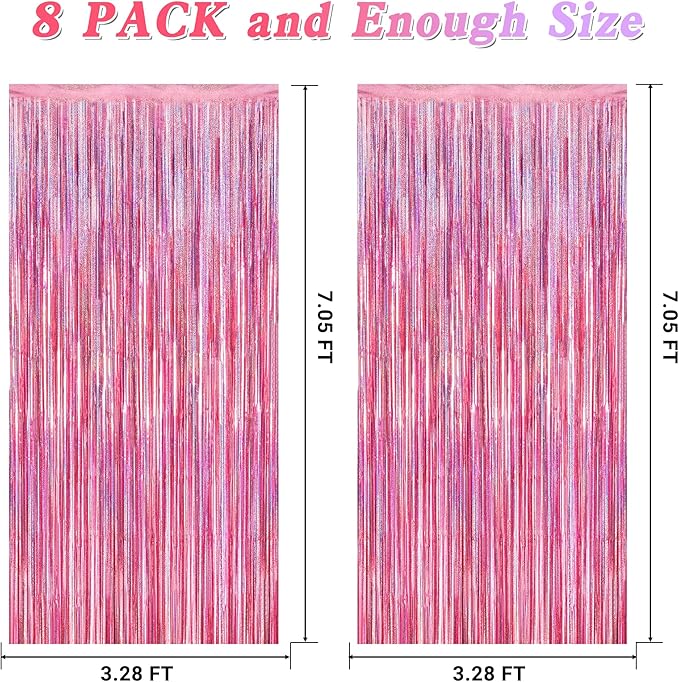 8 Pack Pink Backdrop, 3.28 FT x 7.05 FT Fringe Curtains, Metallic Glitter Pink Fringe Party Streamer Foil Curtains Tinsel Backdrop, Pink Decorations Bachelorette Party Supplies Birthday Decor