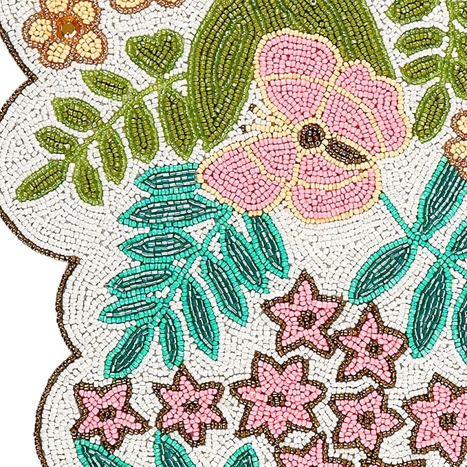 Handmade Beaded Table Runner -35 Inch Spring Floral Runner with Butterflies, Pink Flowers, and Green Leaves -Pastel Table Decor for Easter, Dining Room, Entryway, or Garden Party (Multi) - CLEENTABLE