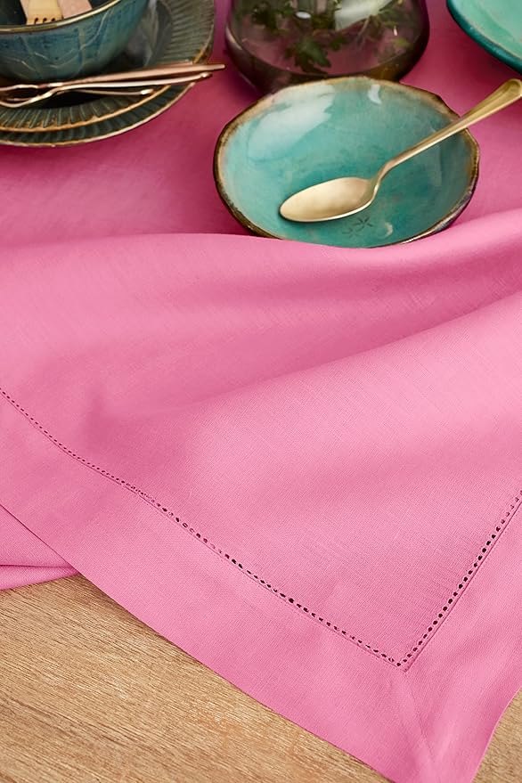 Solino Home Linen Tablecloth for Rectangle Tables 60 x 120 Inch - Classic Hemstitch 100% Pure Linen Flamingo Pink Table Cloth - Machine Washable Cloth Tablecloth for Halloween