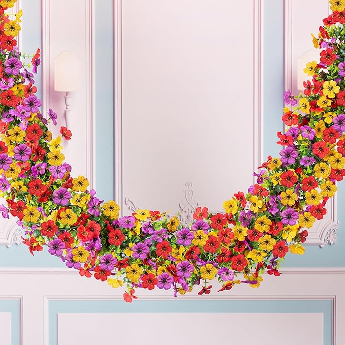 Artificial Flowers Garland Ivy, 4 Pack 5.9 FT Fall Decor UV Resistant Fake Mums Floral Vine Silk Daisy Hanging Flower for Home Garden Wedding Decor Photo Booth Backdrop(Red Purple Yellow)