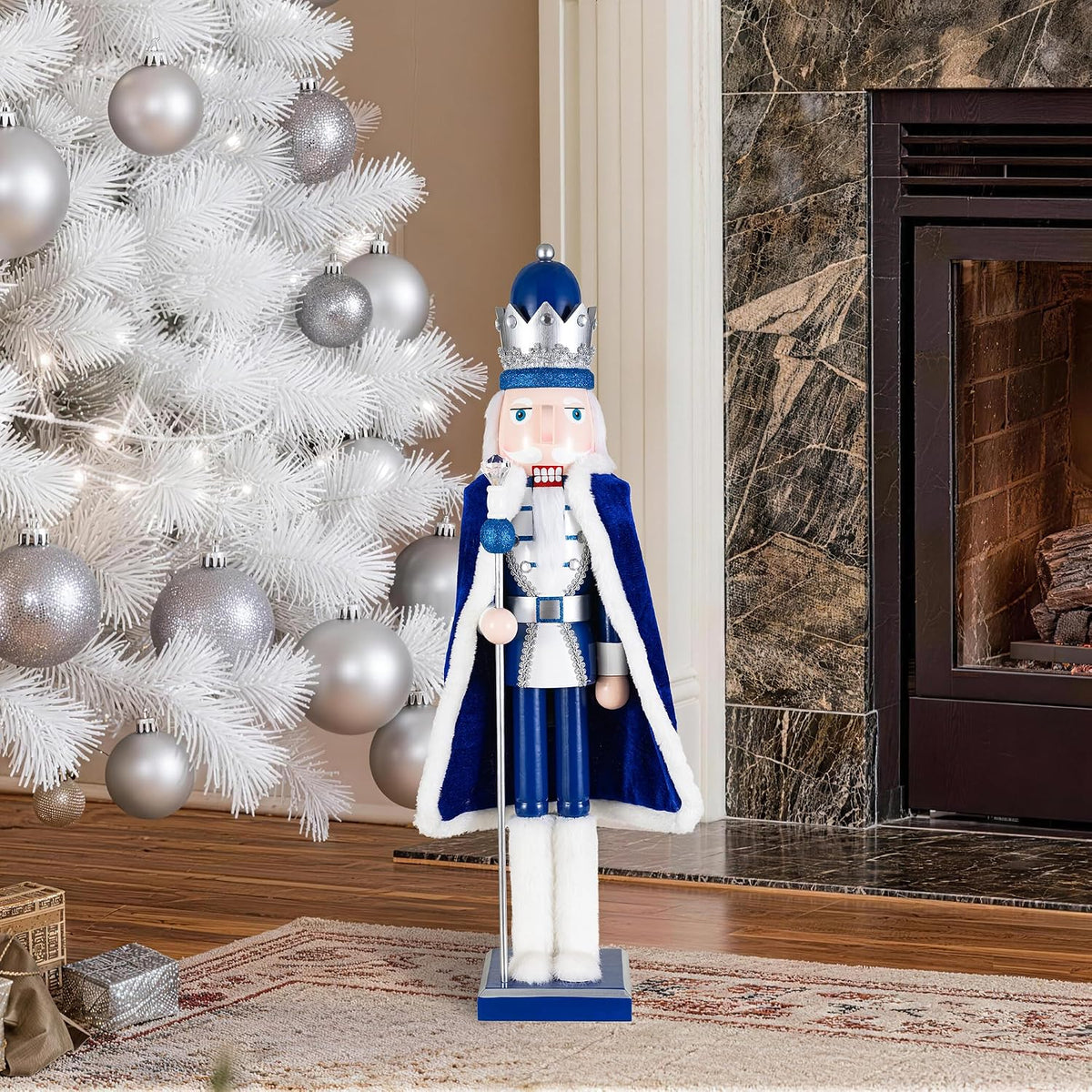 Glitzhome 24" H Wooden Christmas Nutcracker Ornaments Blue King Nutcracker Figurine Christmas Table Decor Traditional Christmas Decor for Tables Desktop Porch Holiday Festive
