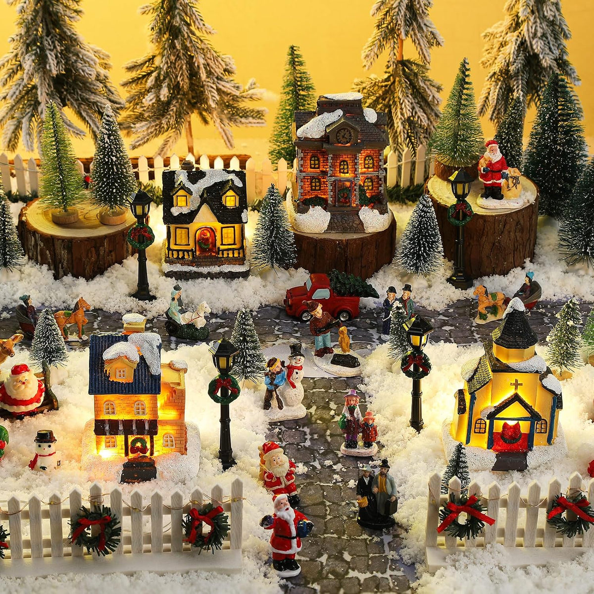 Wettarn 27 Pcs Lighted Christmas Village Houses Figurines Sets, Classic