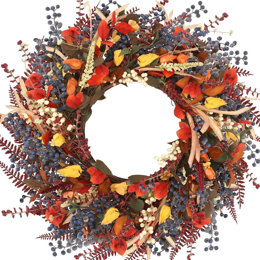 24" Fall Wreaths for Front Door, Fall Wreaths Lush Autumn Leaves & Berries