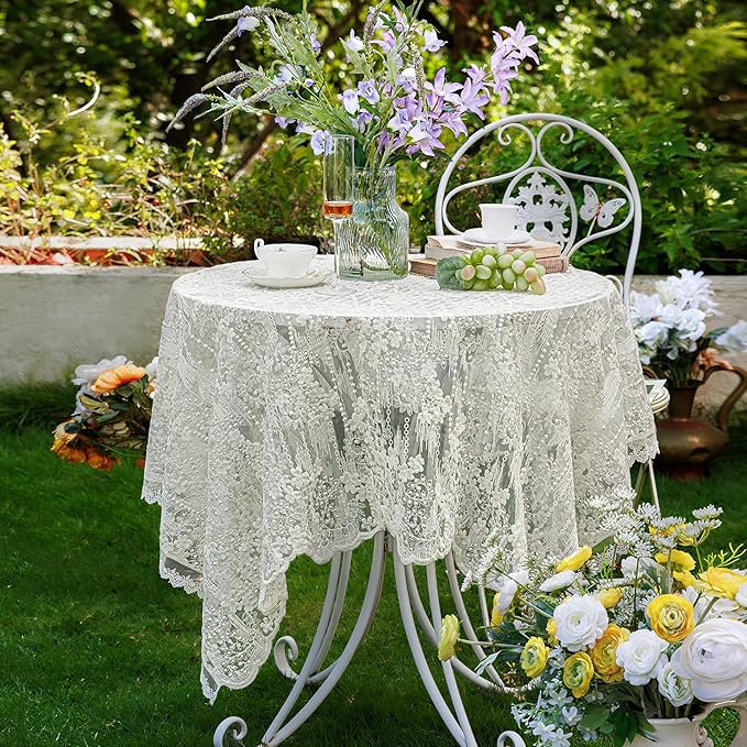 Lace Embroidered Tablecloth. Rectangle Lace Vintage Tablecloth Dustproof Table Protector for Kitchen Dining Room Party Banquet Home Picnic Wedding Decoration (Creamy White 98×53 inch)