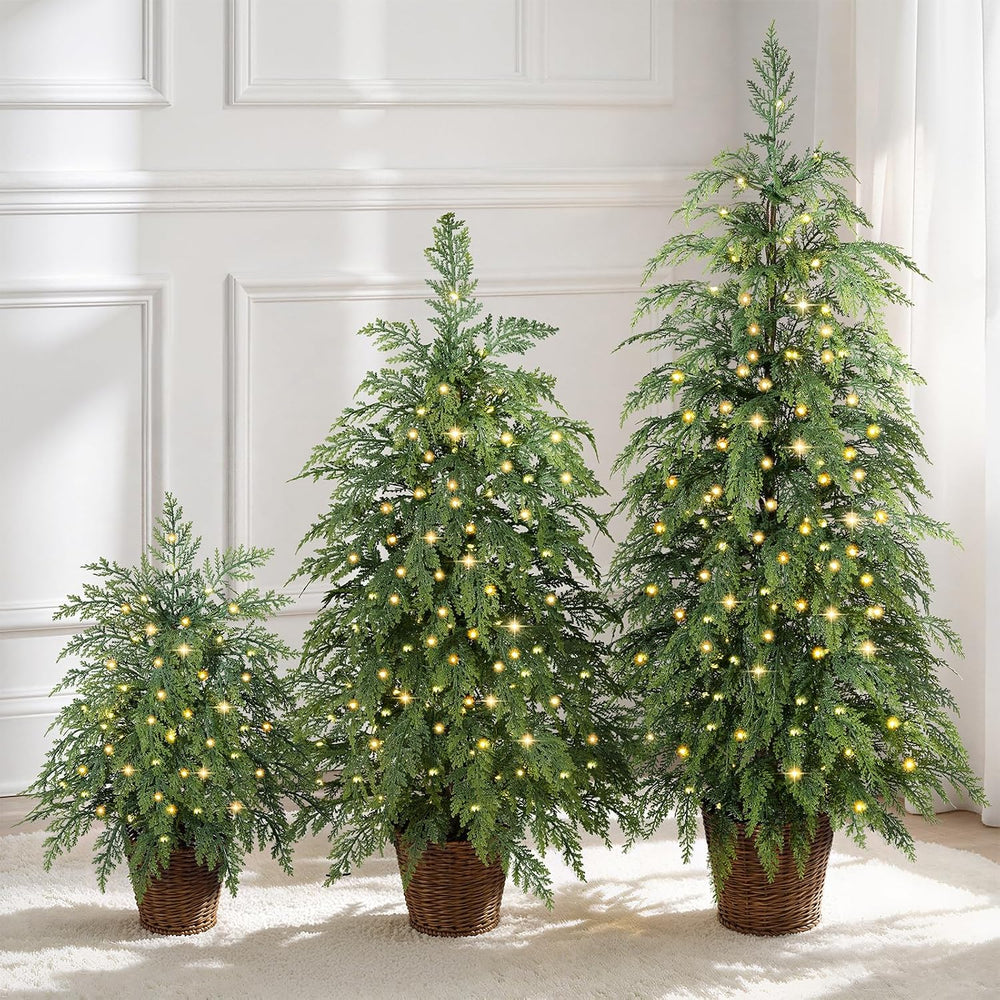 VeriNatural 2ft 3ft 4ft Prelit Twinkle Christmas Trees in Woven Baskets