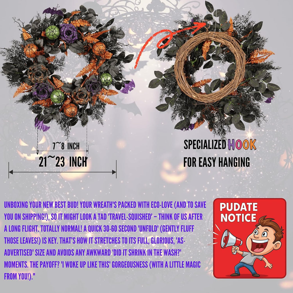 22 inch halloween wreath for front door, spooky, package contents