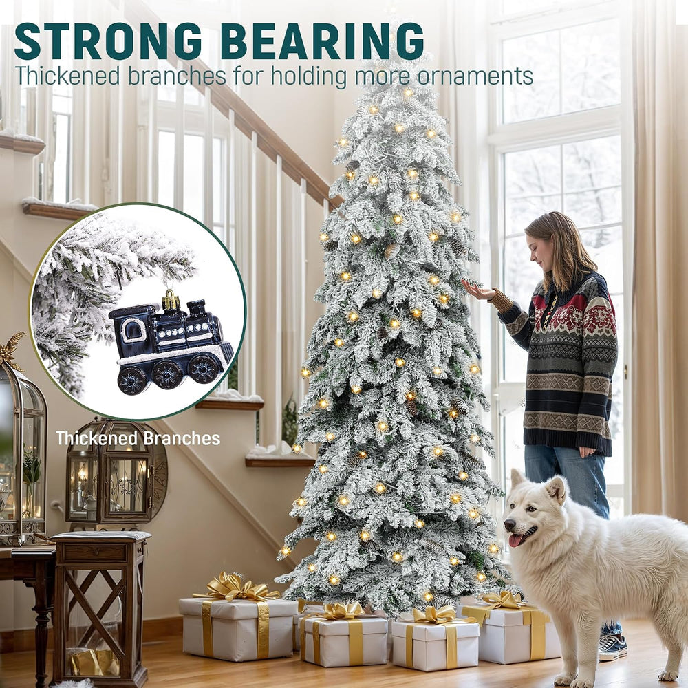 YITAHOME 9ft Prelit Flocked Drooping Pencil Christmas Tree with Pine Cone