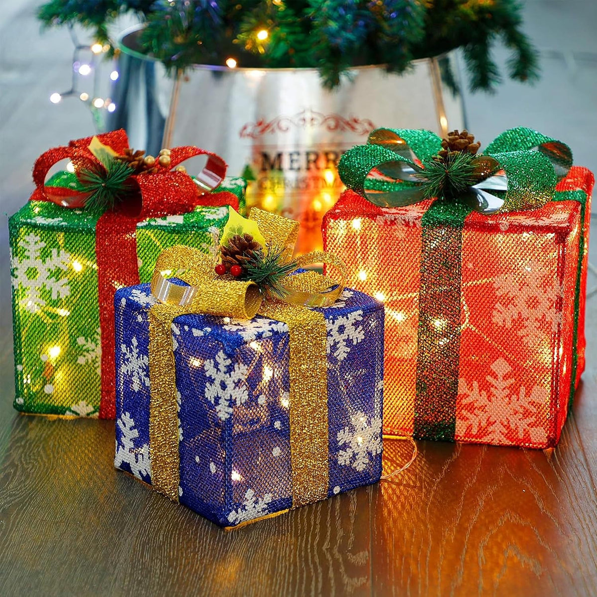 atdawn set of 3 lighted gift boxes christmas, side view
