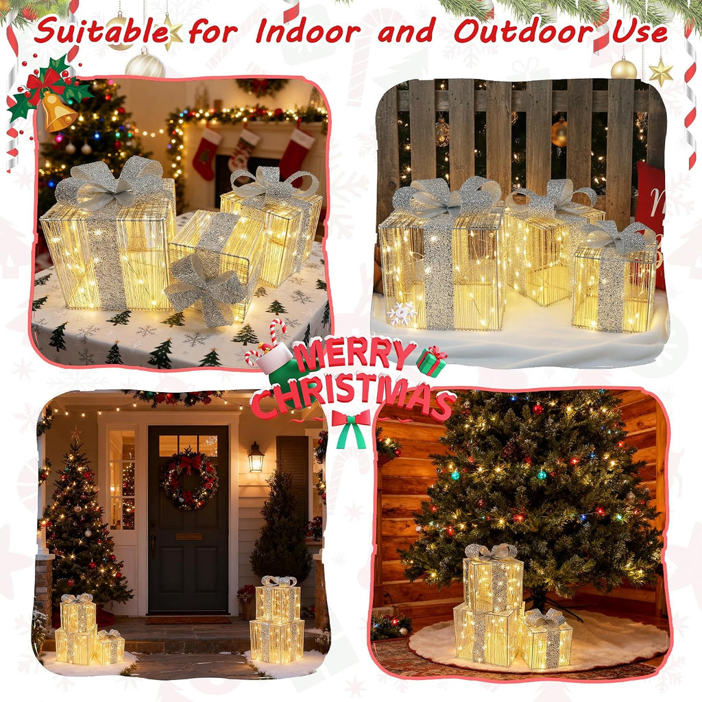 set of 3 christmas lighted gift boxes on a desk or shelf