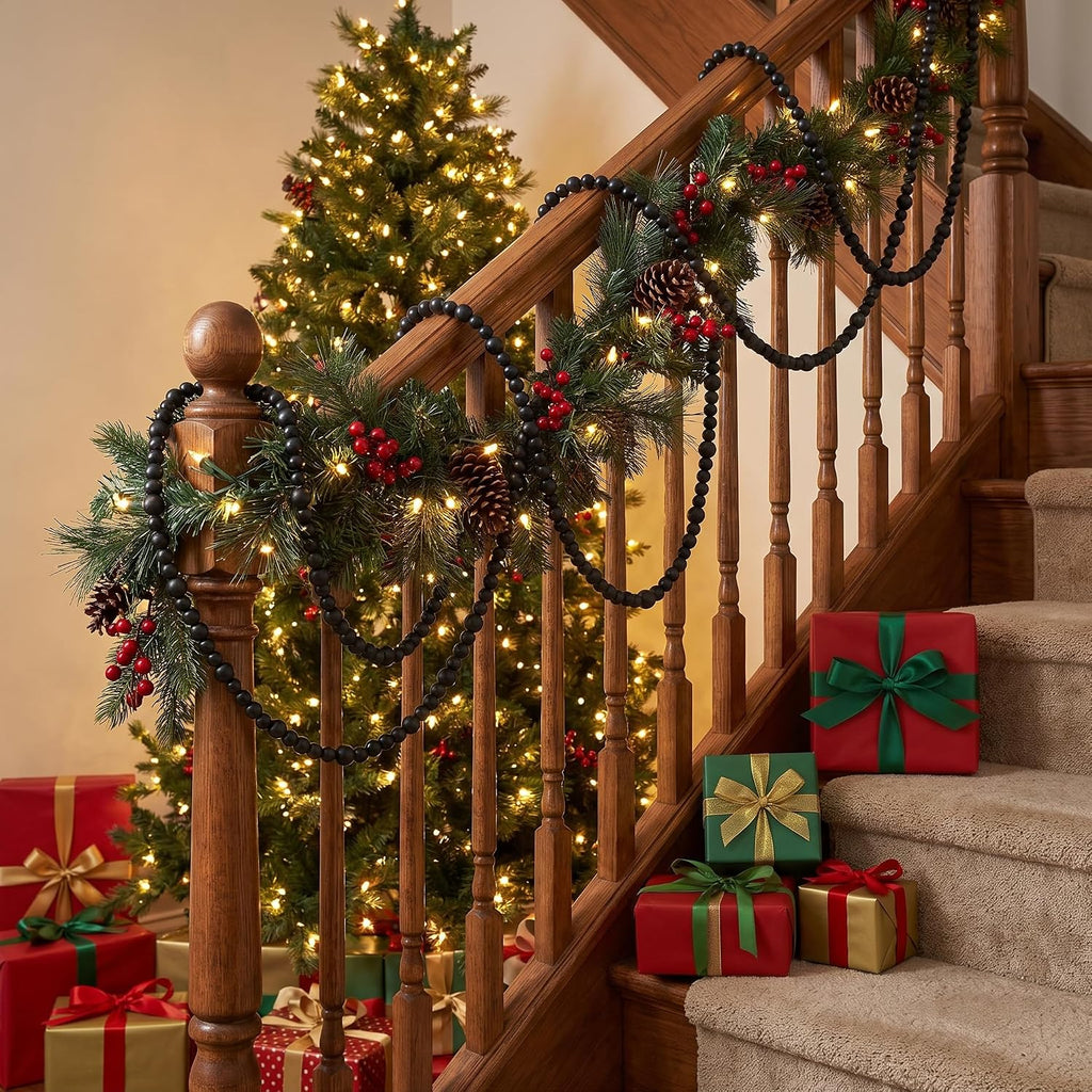 48Ft Christmas Wood Bead Garland Rustic Holiday Decor for Tree (Black)