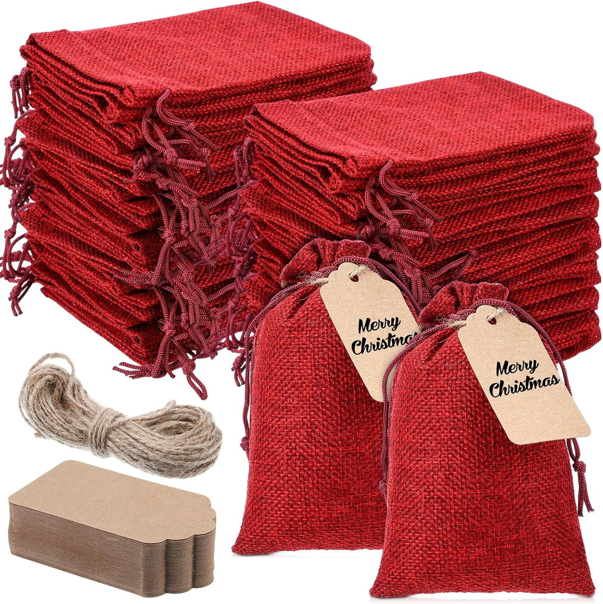 Woanger 100 Pcs Drawstring Burlap Gift Bags 4x6'' with Tags, Red