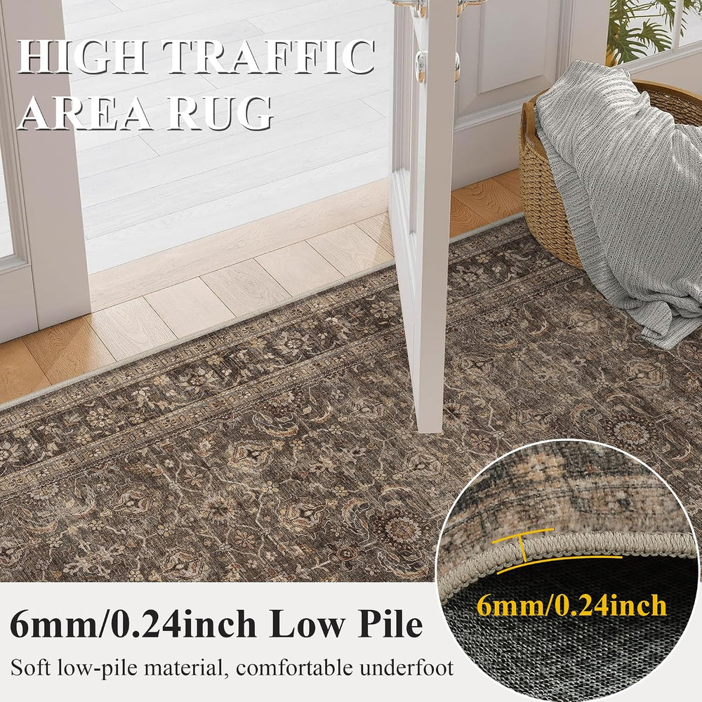 2x5 Brown Vintage Floral Low Pile Non Slip Washable Boho Runner Rug