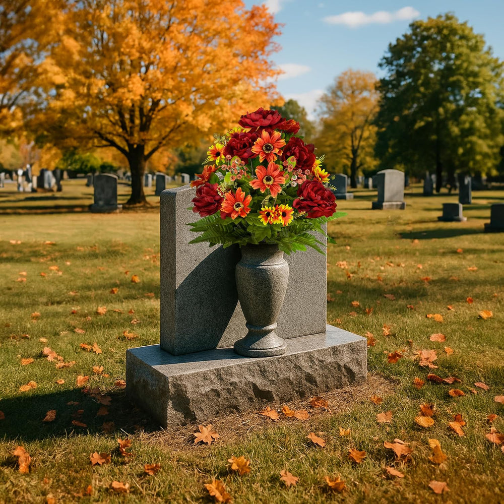Cemetery Flowers for Grave, Burgundy Peony & Orange Daisy