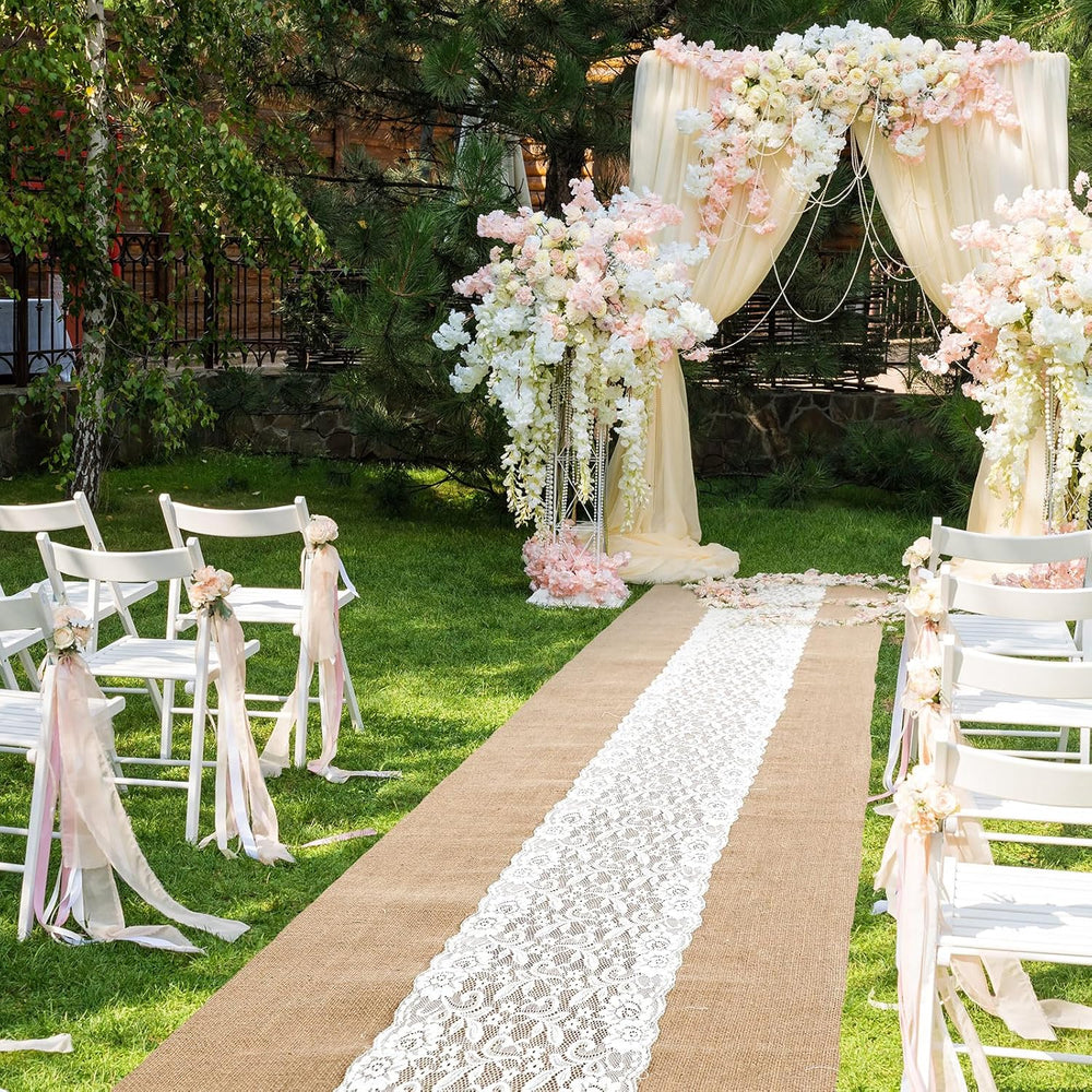 Preboun 3ft X 20 ft Aisle Runner for Wedding Ceremony, Lace Burlap Style