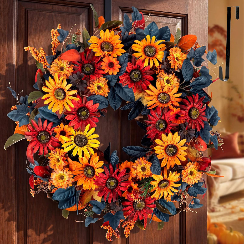 BLOSMON 24in Fall Wreaths for Front Door, Sunflower Fall Wreath with Hanger