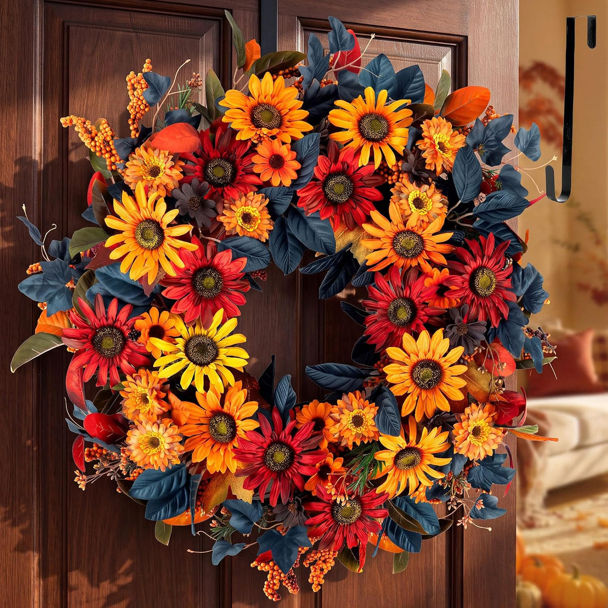 BLOSMON 24in Fall Wreaths for Front Door, Sunflower Fall Wreath with Hanger