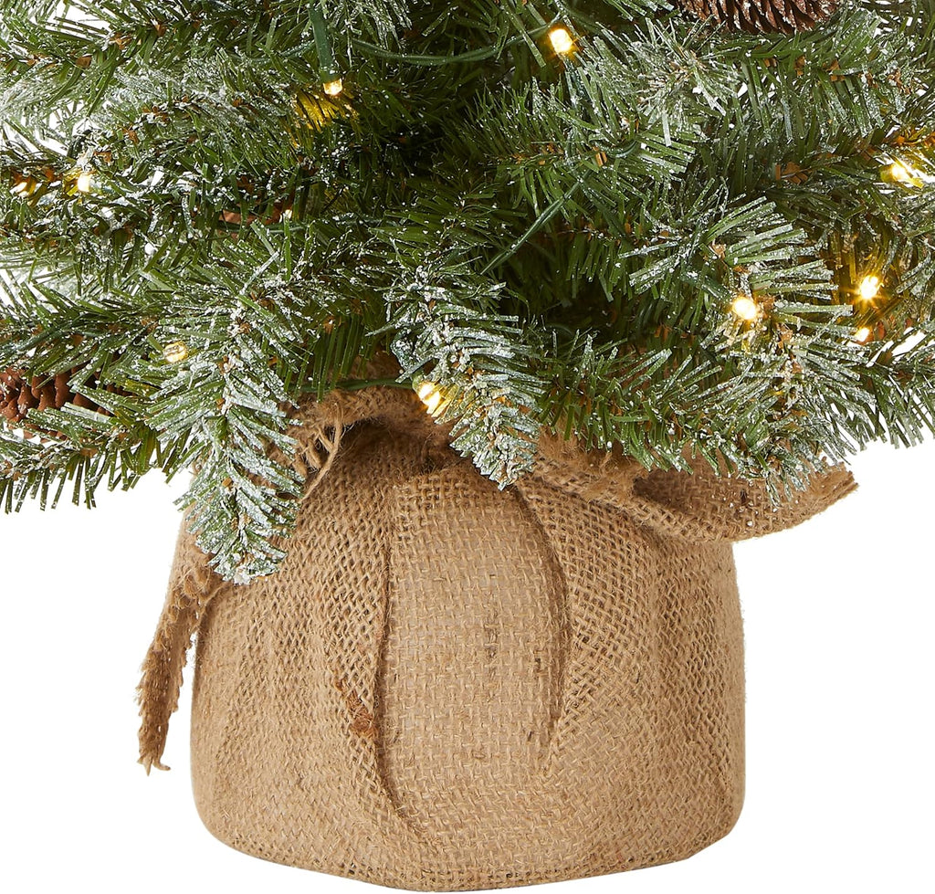 national tree company 2ft pre-lit flocked mini artificial, close-up detail