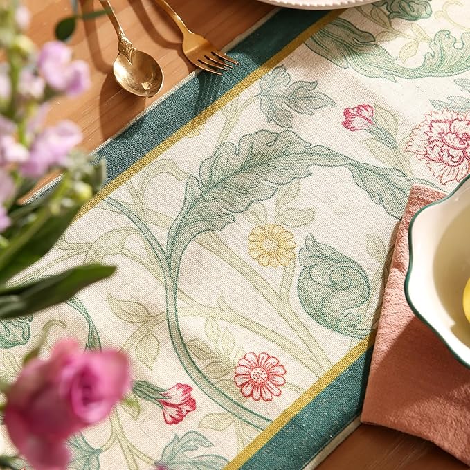patdrea Designer Green Floral Extra Long Table Runner,French Elegant Vibrant Rustic Linen with Green Leaves Patterns Fabric Table Mat,Decoration for Kitchen Dining Room Banquet Christmas,12"*118"