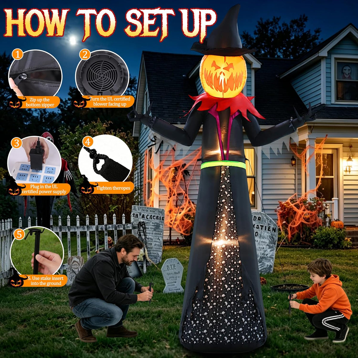 halloween inflatable 9ft giant pumpkin witch outdoor decorations showing dimensions