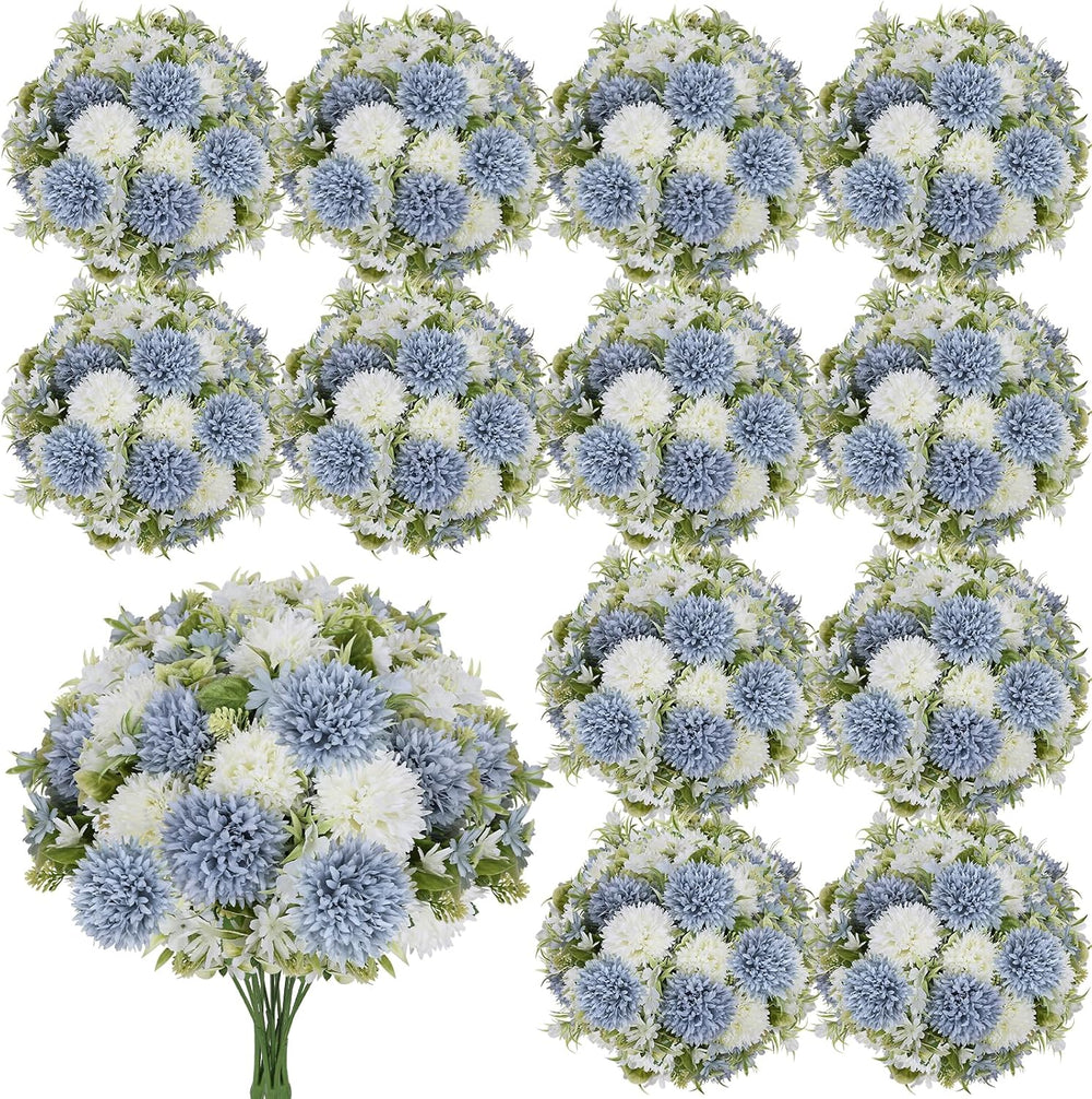 Dusty Blue White Artificial Flowers 12 Bundles Silk Floral with Stem