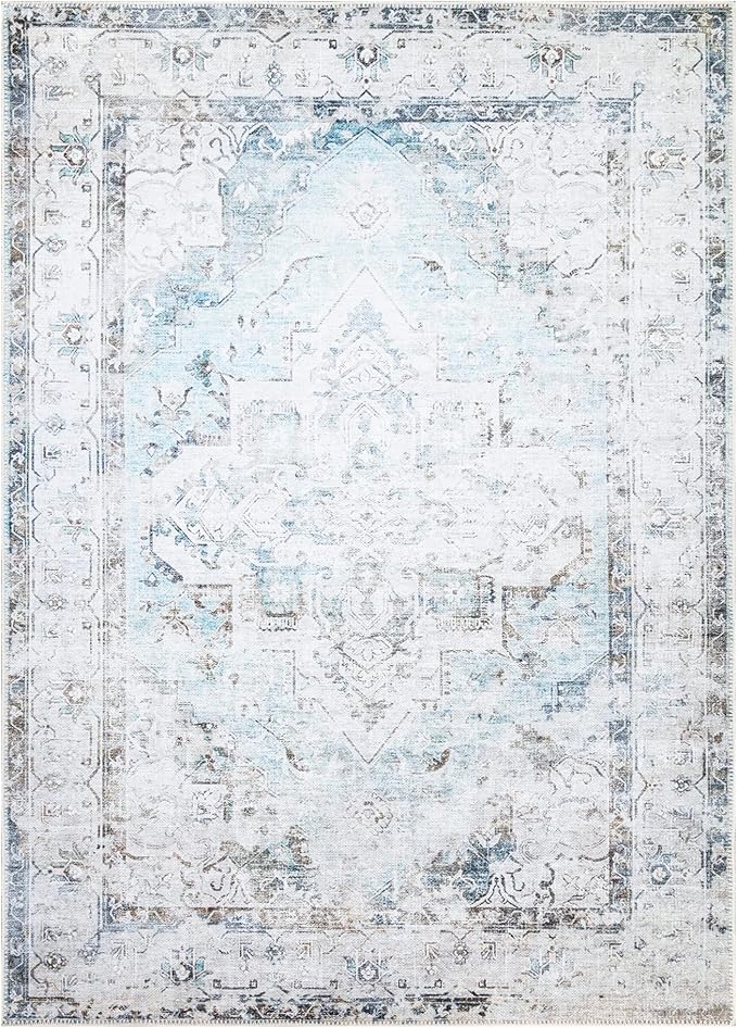 Bloom Rugs Washable Non-Slip 4' x 6' Rug - Beige/Blue Traditional Area Rug for Living Room, Bedroom, Dining Room, and Kitchen - Exact Size: 4' x 6'