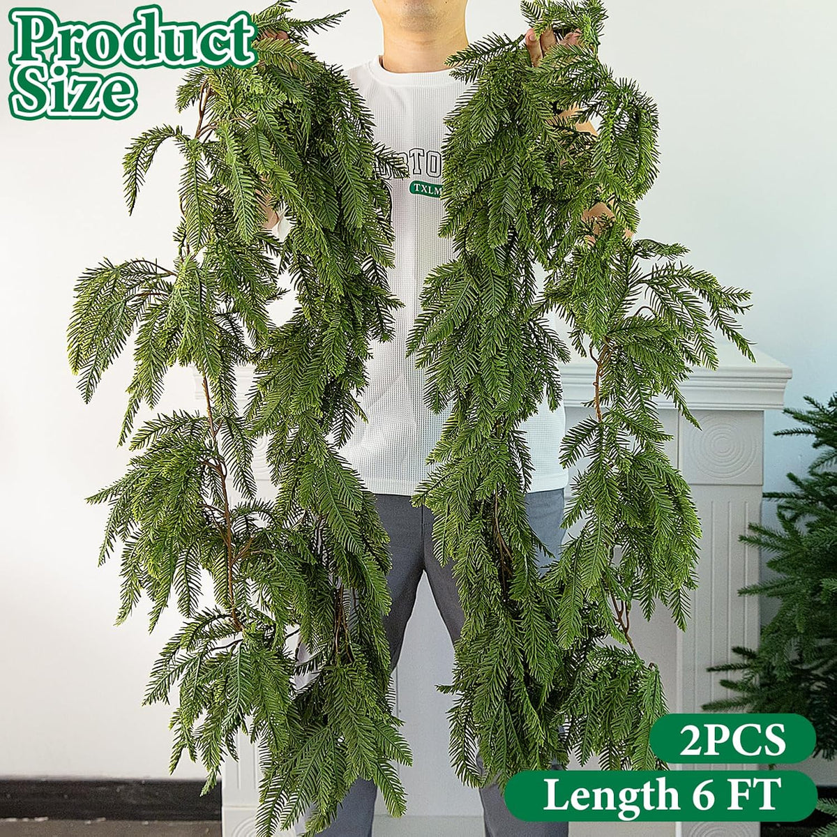 2 Pcs Christmas Norfolk Pine Garland, 6Ft Artificial Pines Greenery Garland