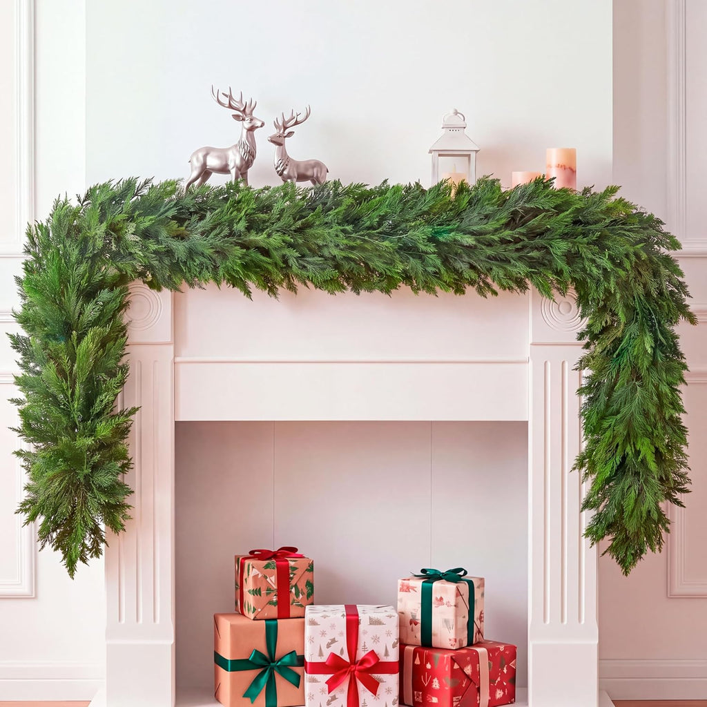 JOYIN 6 FT Cedar Christmas Garland, Realistic Pine Designed Thick Lush & Bendable, Green Christmas Garland for Mantle, Table, Porch, Indoor, Xmas Party Decorations