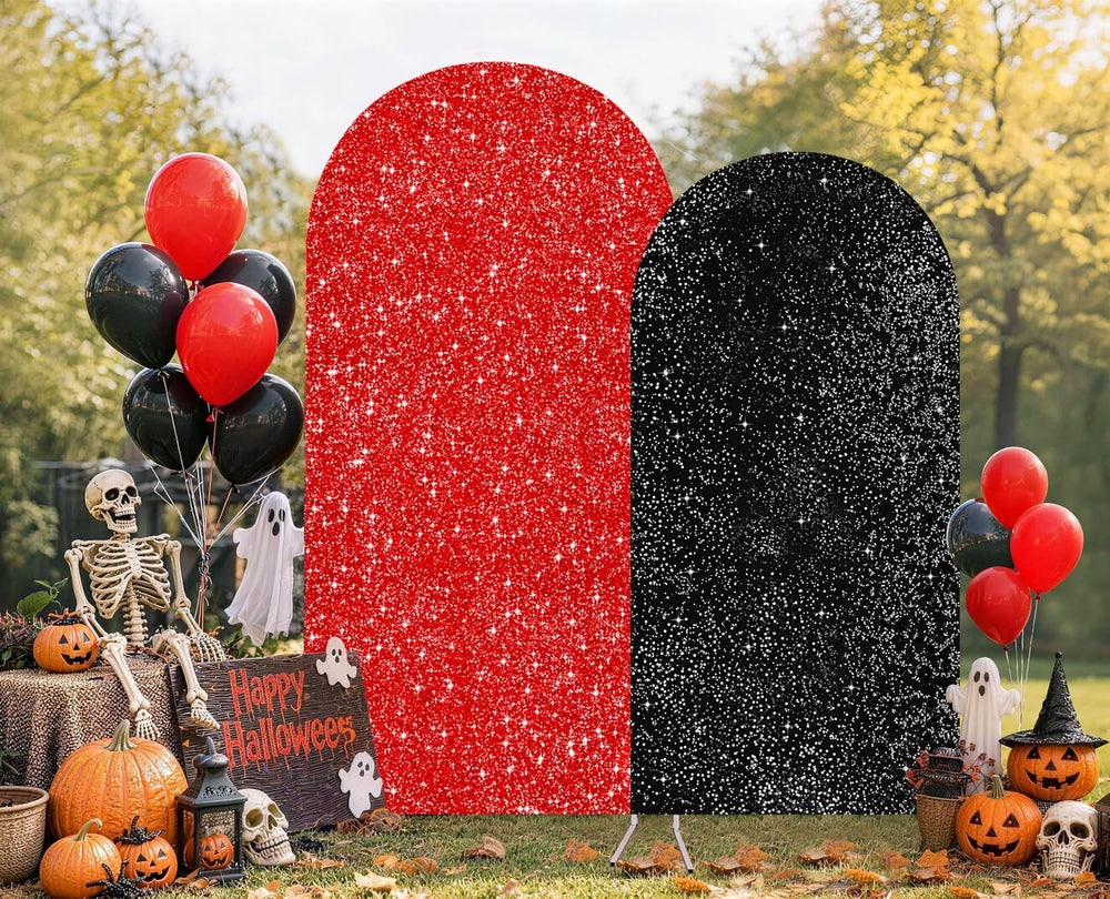 Red Black Sequin Arch Backdrop Cover Set of 2 (7.2ft+6ft) Round Top Chiara Ar...