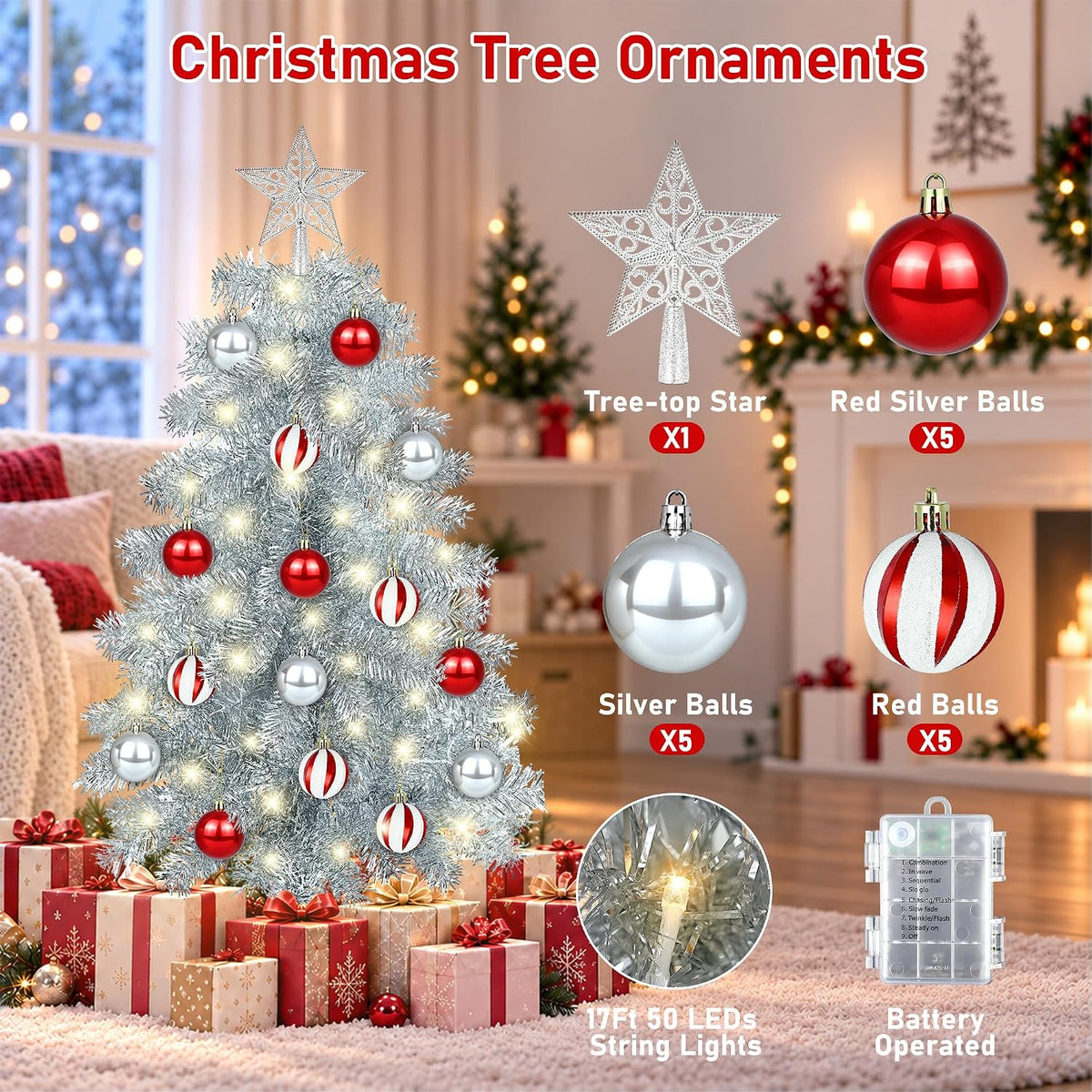 [timer & 8 modes] 3ft silver small christmas showing dimensions
