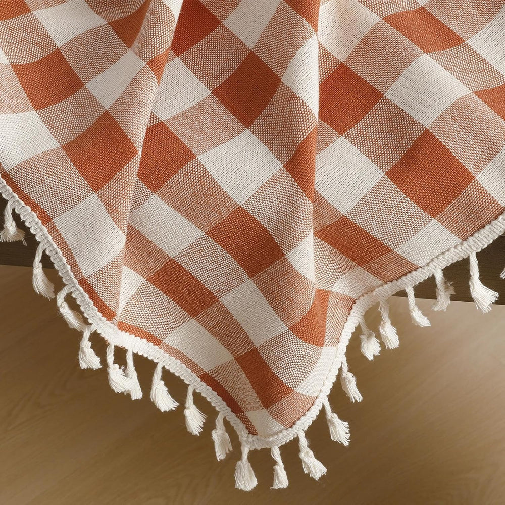 Romanstile Fall Gingham Tassel 70 Inch Round Tablecloth, Orange