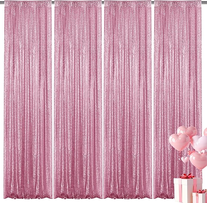 Pink Sequin Backdrop Curtain 4 Pieces 2FTx8FT Glitter Photography Backdrop for Party Wedding Birthday Christmas Decorations