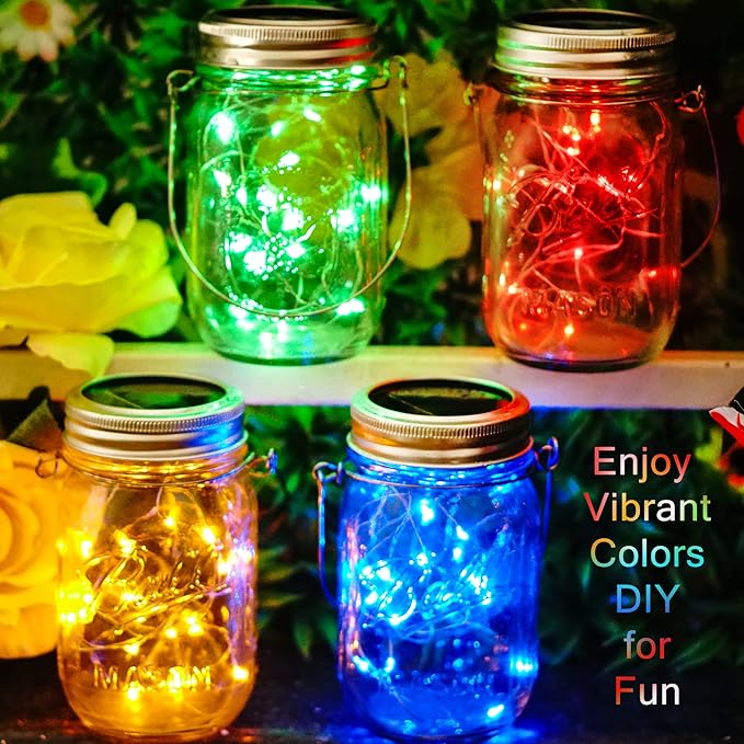Solar Mason Jar Lights [Updated], 8 Pack 20 LED Waterproof Fairy Firefly Jar Lids String Lights with Hangers(NO Jars), Patio Yard Garden Wedding Decoration - Multi-Colored