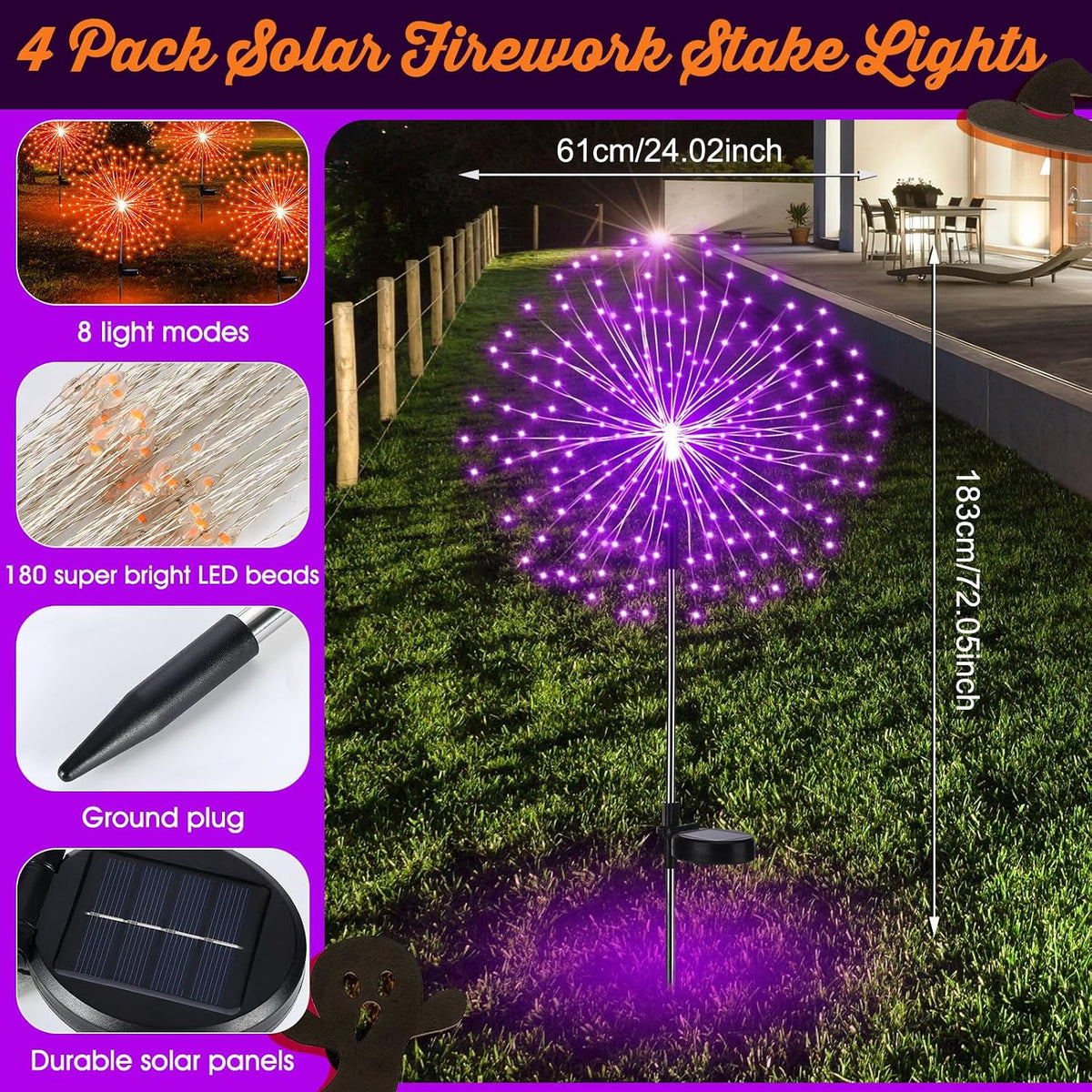 Tujoe 4 Pack Halloween Solar Firework Lights Decoration Orange, Purple
