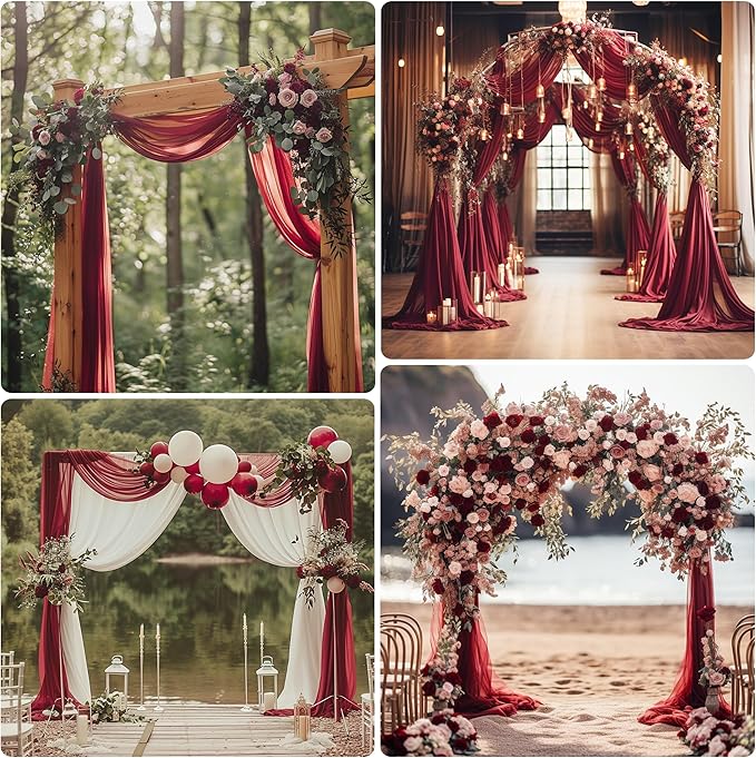 Wedding Arch Draping Fabric 6 Panels 28.7" x 20FT Burgundy Sheer Chiffon Backdrop Drapes for Wedding Ceremony Birthday Party Bridal Shower Outdoor Decoration