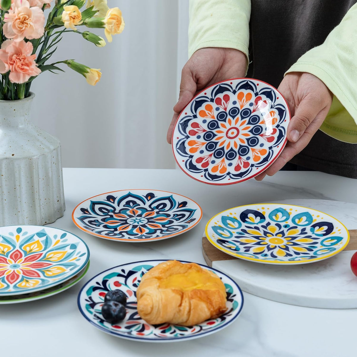 LEHAHA Porcelain Appetizer Plates Set of 6, 6 Inch Small Ceramic Dessert Plates, 6-Piece Floral Round Plates for Salad, Appetizer, Snack, Microwave & Dishwasher Safe