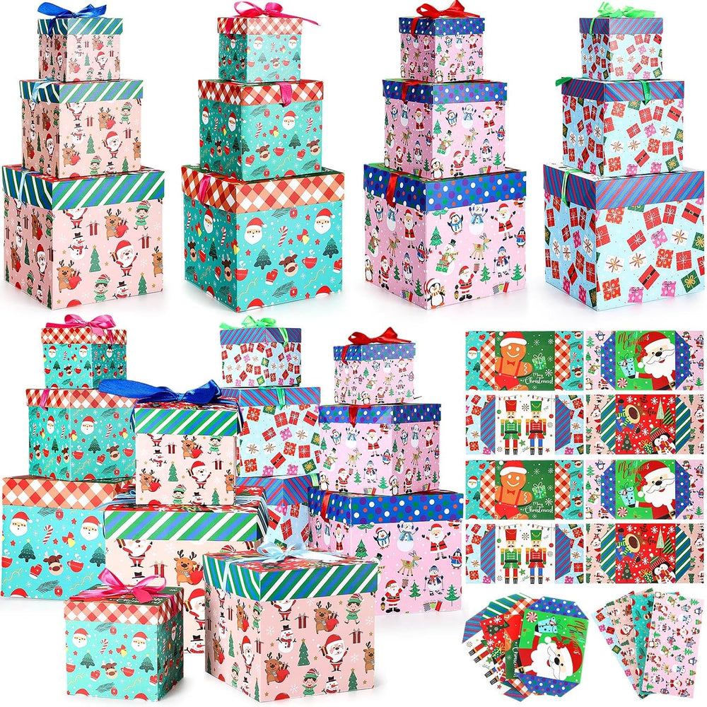 Tenceur 16 Sets Christmas Nesting Gift Boxes with Bow Lids, 4 Styles Xmas