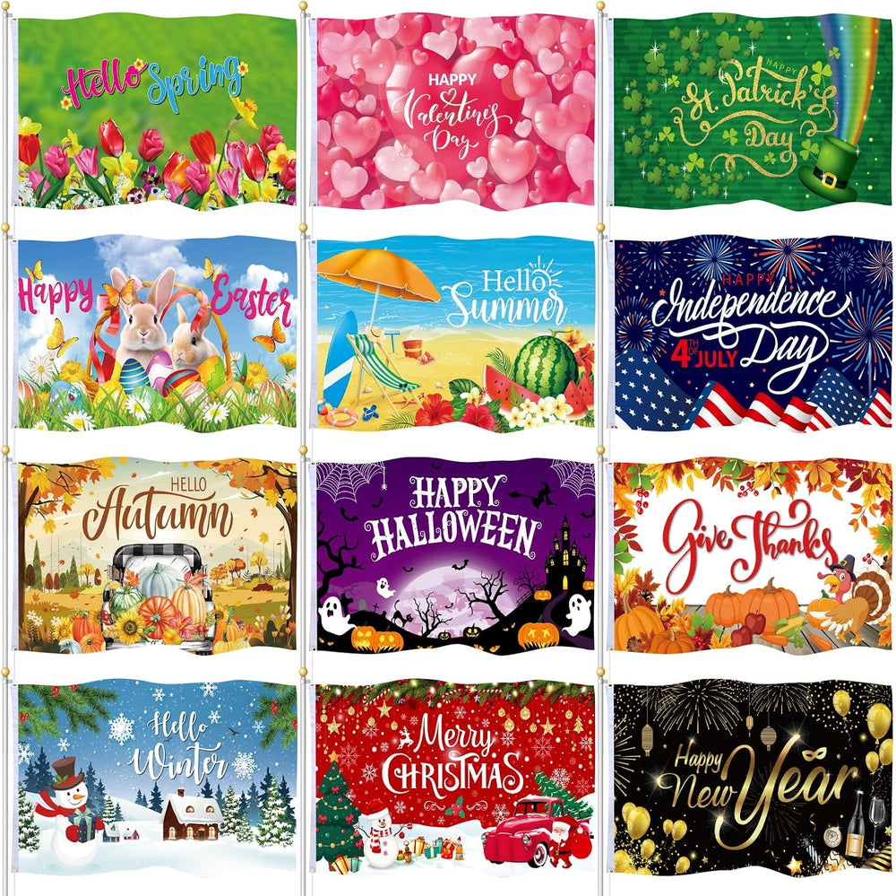 SmoothNovelty 12 Pcs Seasonal Garden Flags for Outside, 3 x 5 ft, Classic