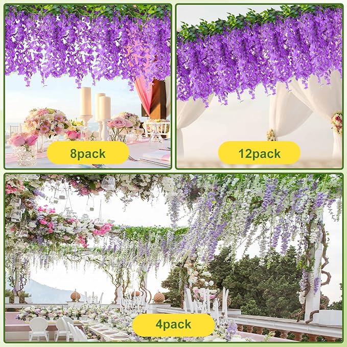 Wisteria Artificial Flowers Garland，10Pcs Total 60ft Silk Fake White Wisteria Flowers Hanging for Home Garden Wedding Arch Party Indoor Outdoor Decor(10,Purple)