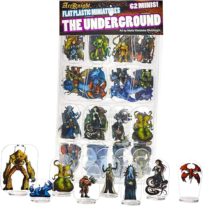 Arcknight Flat Plastic Miniatures: Underground; 62 Unique Subterranean-Themed Minis for DND 5e and Pathfinder; Affordable, Skinny Figurines for Dungeons and Dragons and Other Tabletop RPG Games