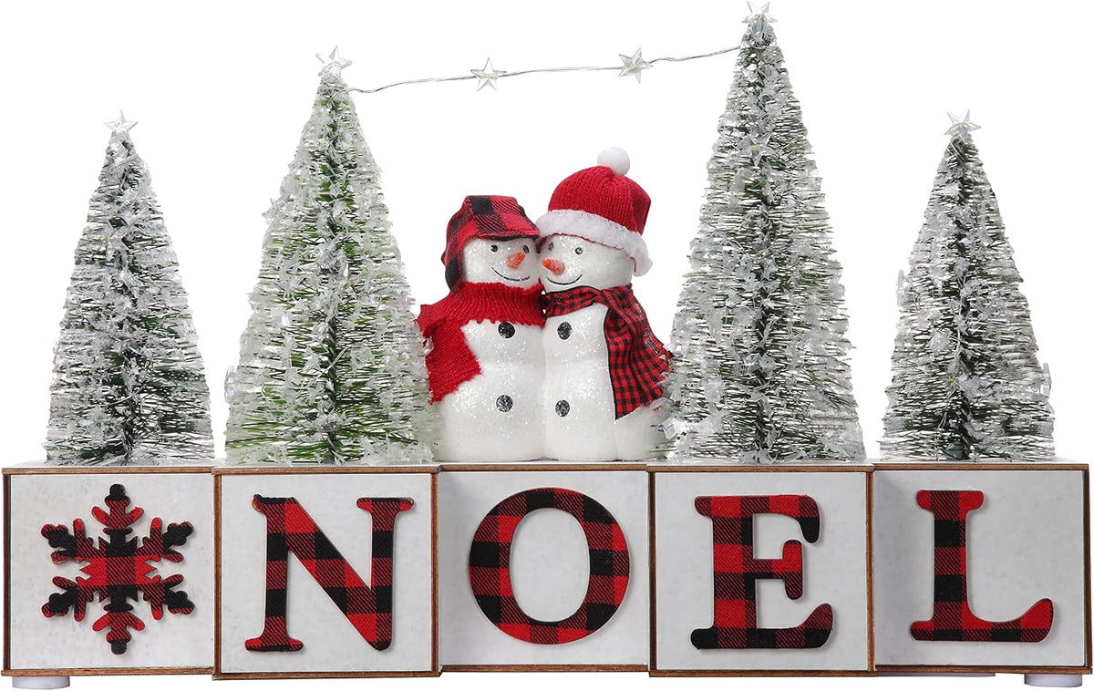 Haute Decor Christmas Wood Blocks Noel with Snowmen Couple, LED Lighted Trees, Battery Operated Automatic Timer - Prelit Christmas Holiday Decoration for Table, Shelving, Counter, Mantel