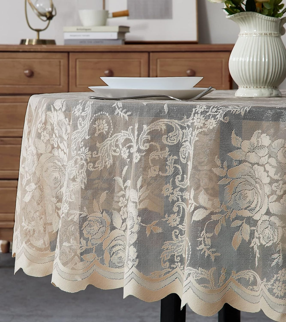 LinenZone Beautiful 120 Round Linen Lace Tablecloth. (Luna TC 120 R, Linen)